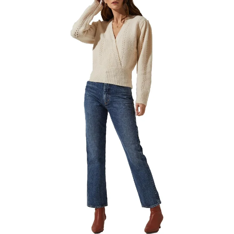 ASTR The Label Women's Wrap Front Pointelle Knit Balloon Sleeve Sweater