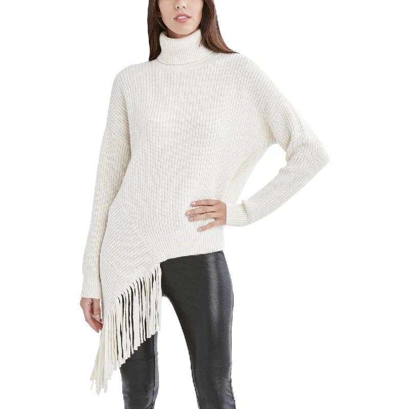 BCBG Max Azria Women's Asymmetrical Ribbed Knit Fringed Trim Turtleneck Sweater