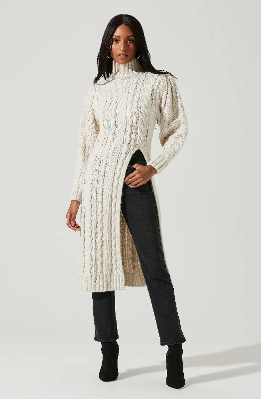 Evangelina Cable Knit Turtleneck Hi Slit Sweater