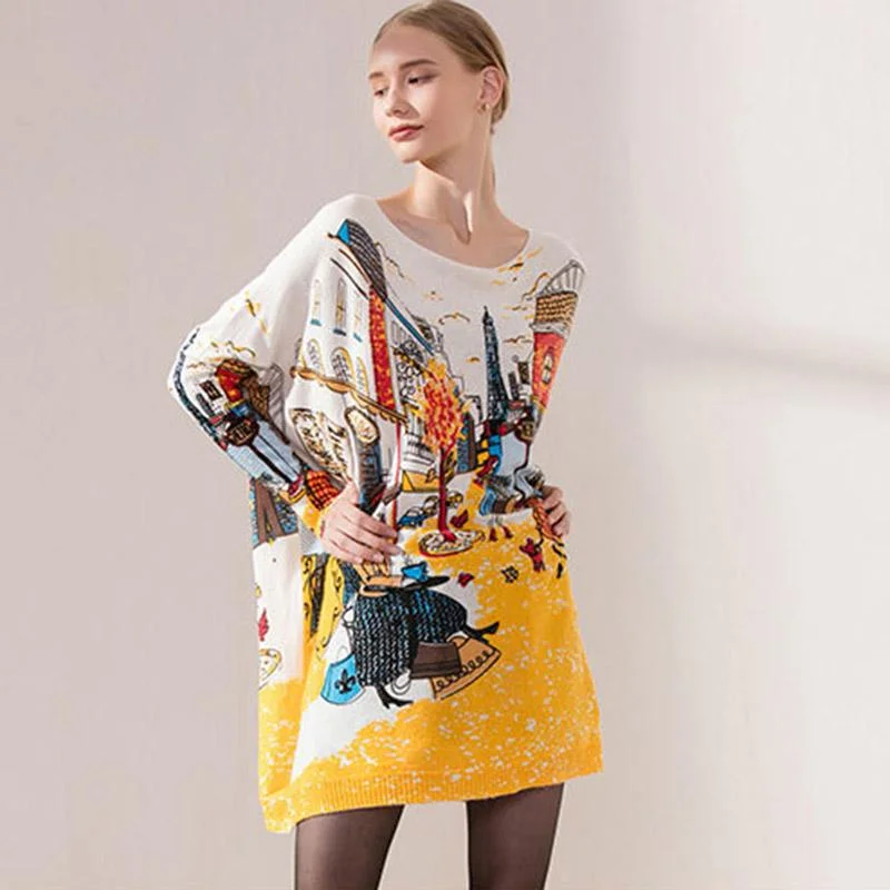 Mid-length Loose Bat-sleeve Printed Sweater