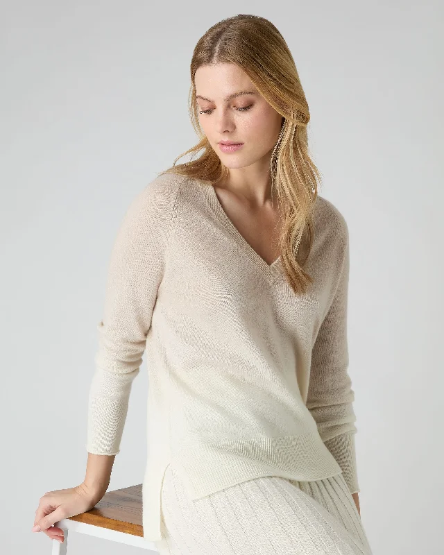 Women's Dip Dye V Neck Cashmere Sweater Almond White