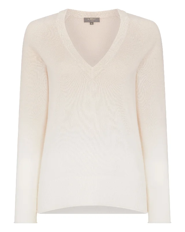 Women's Dip Dye V Neck Cashmere Sweater Almond White