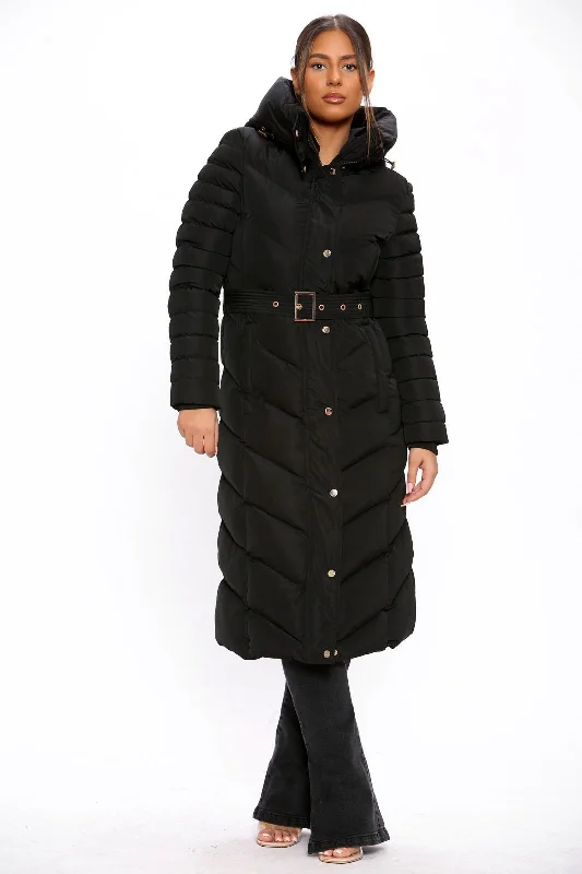 Black Long Full Sleeve  Puffer Padded Hooded With Front Button Belted Coat