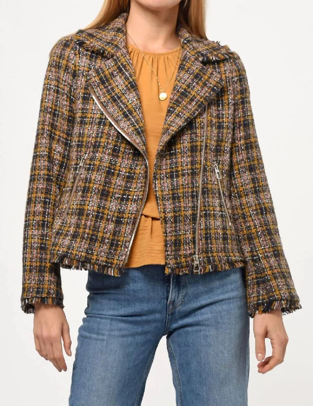 Jeyden Boucle Moto Jacket In Navy/mustard