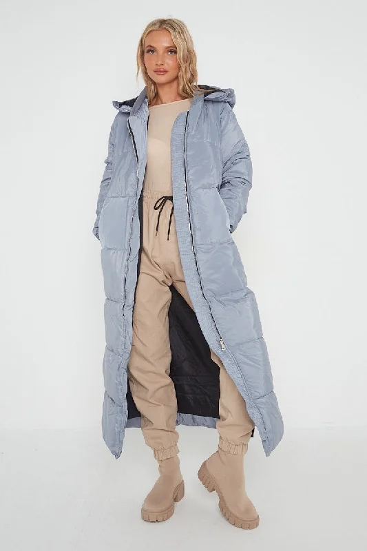 MAXI ZIP DETAIL PUFFER LONG JACKET-GREY