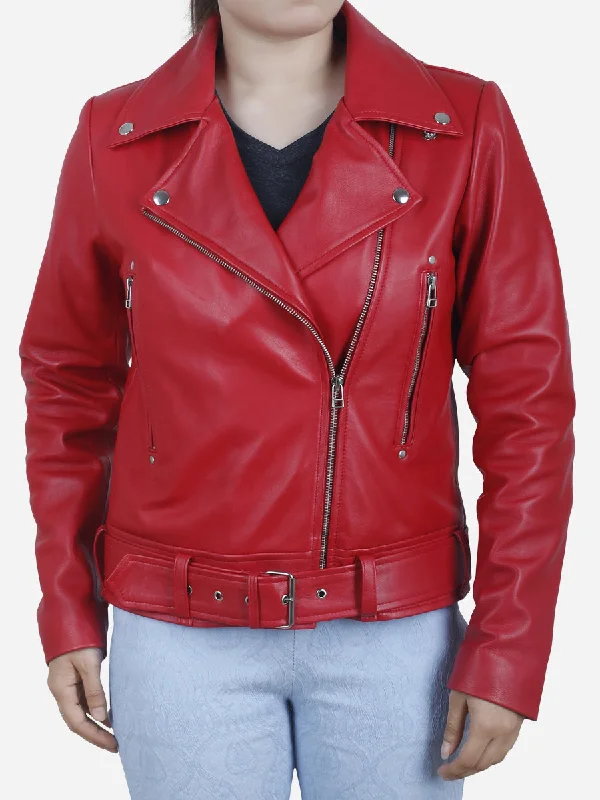 Nancy Women's Red Classic Motorcycle Jacket