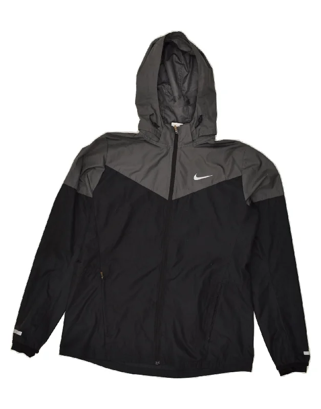 NIKE Womens Hooded Tracksuit Top Jacket UK 14 Large Black Colourblock