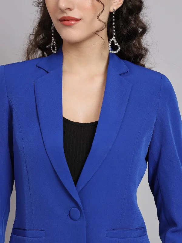 Notched Collar Polyester Blazer - Ink Blue