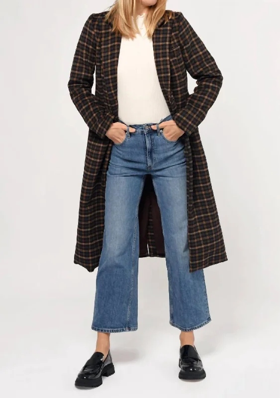 Ona Plaid Tailored Longline Coat In Black Camel