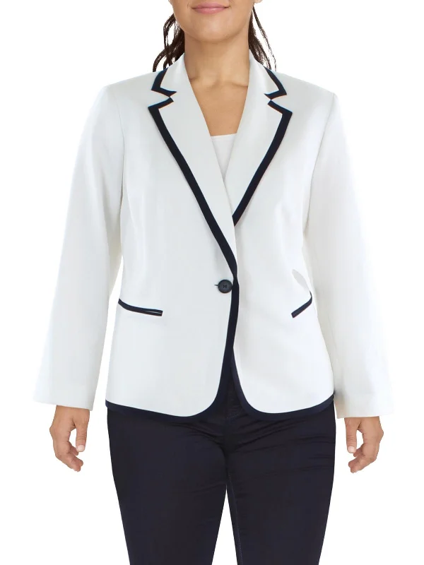 Plus Womens Contrast Trim Notch Collar One-Button Blazer