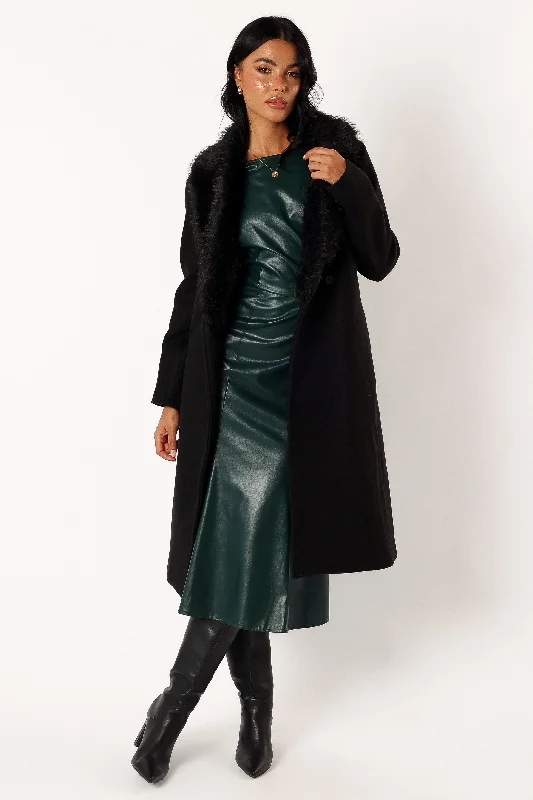 Raelyn Faux Fur Trim Coat - Black