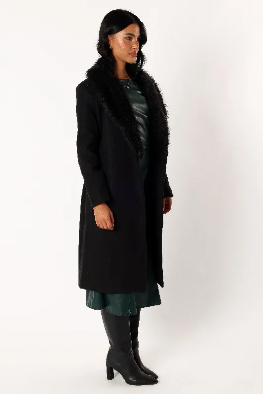 Raelyn Faux Fur Trim Coat - Black