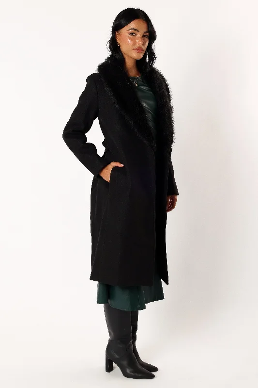 Raelyn Faux Fur Trim Coat - Black