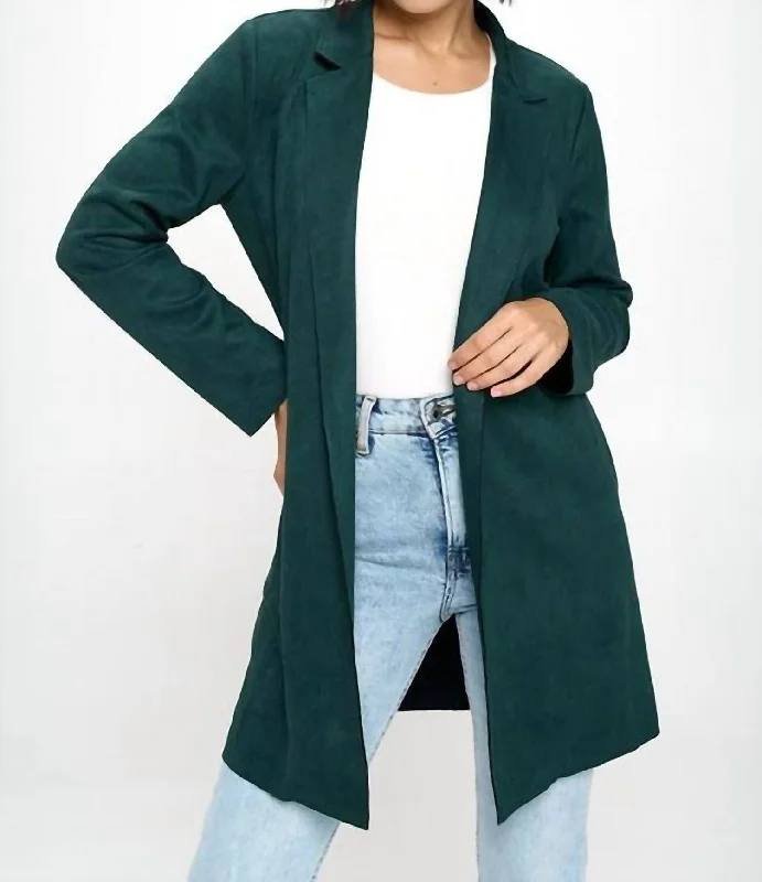 Stretch Suede Cardigan Coat In Green