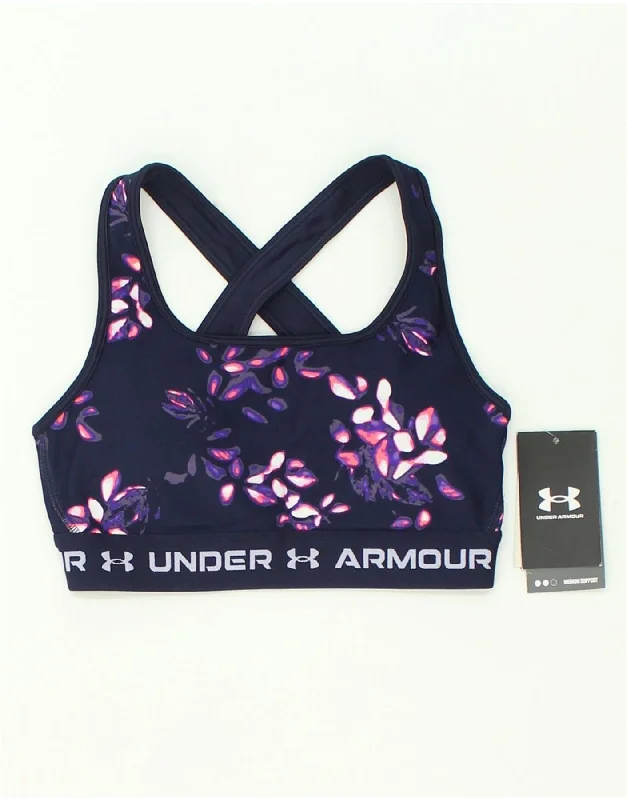 UNDER ARMOUR Womens Sport Bra Top UK 10 Small Navy Blue Floral Polyester