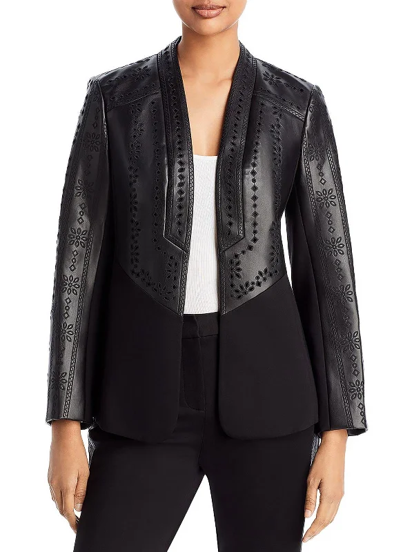 Wanda Womens Faux Leather Embroidered Open-Front Blazer