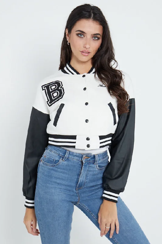 WHITE VARSITY GRAPHIC FAUX LEATHER SLEEVE BOMBER JACKET