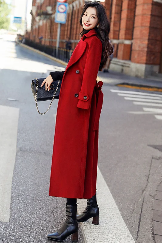 Winter warm long red wool coat  3190