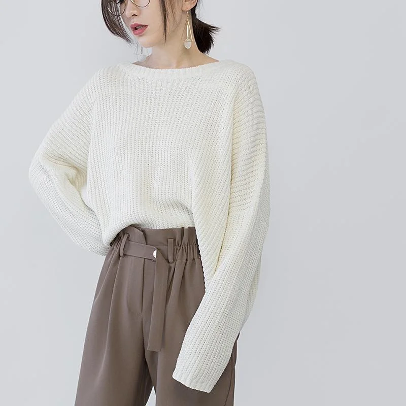 women beige knit sweaters Loose fitting O neck casual Batwing Sleeve fall sweaters