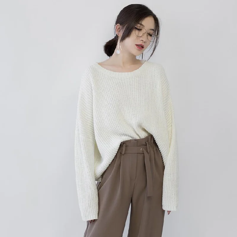 women beige knit sweaters Loose fitting O neck casual Batwing Sleeve fall sweaters