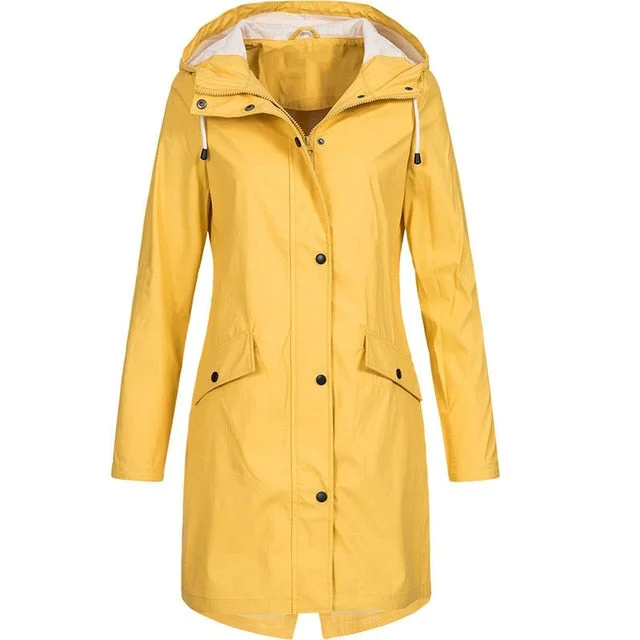 Women Fashion Long Sleeve Hooded Raincoat Windbreaker Hiking Ladies Casual Solid Color Outdoor Waterproof Trench Coats