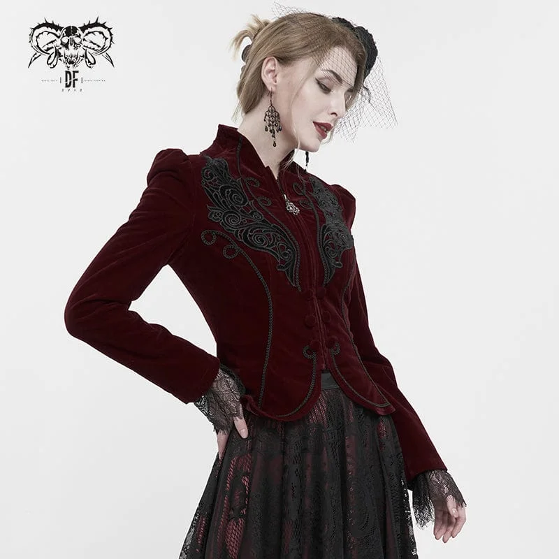 Women's Gothic Stand Collar Floral Embroidered Jacket Red