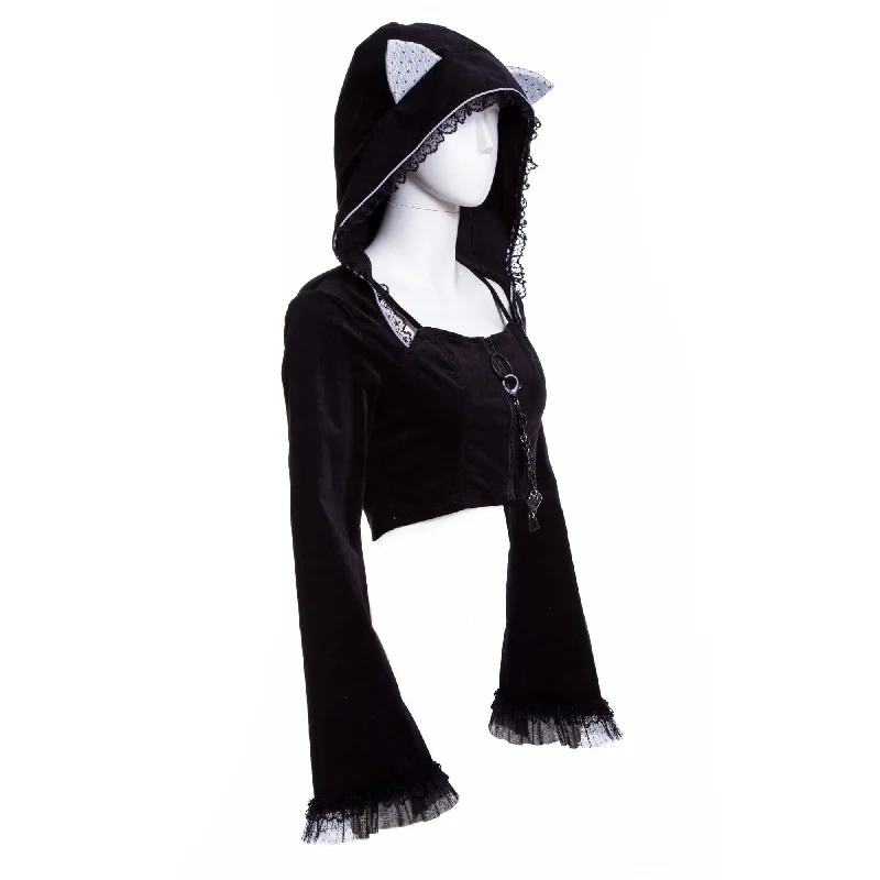 Women's Grunge Lace Splice Jacket with Hood Black