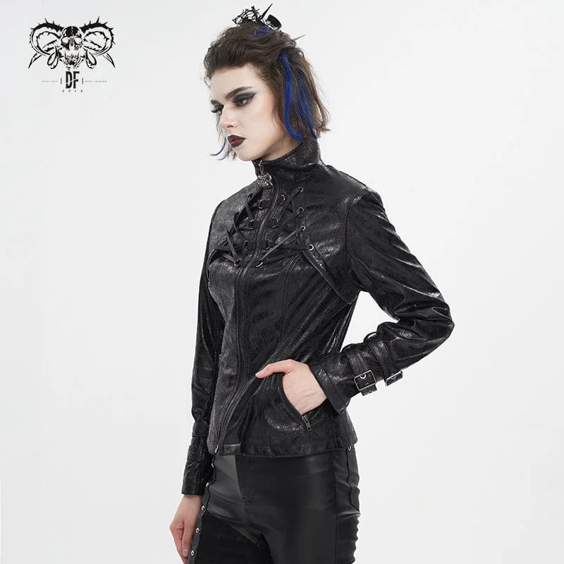 Women's Punk Stand Collar Crackled Buckle Jacket