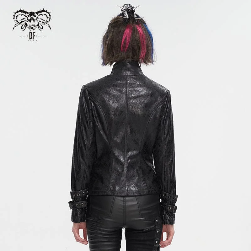 Women's Punk Stand Collar Crackled Buckle Jacket