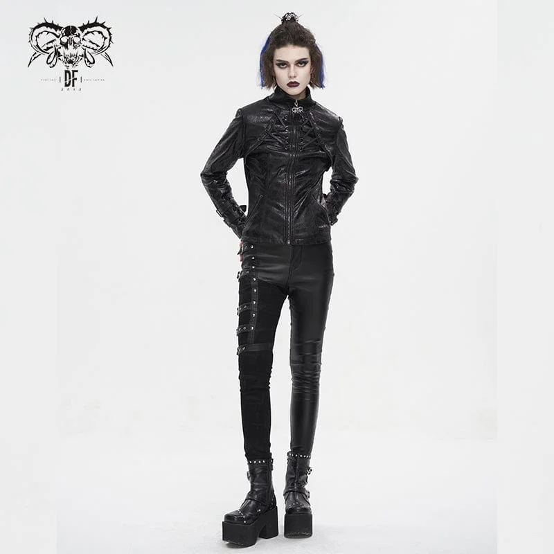 Women's Punk Stand Collar Crackled Buckle Jacket