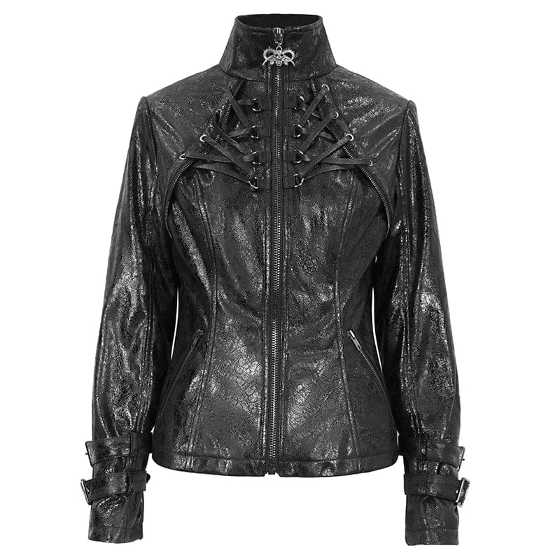 Women's Punk Stand Collar Crackled Buckle Jacket