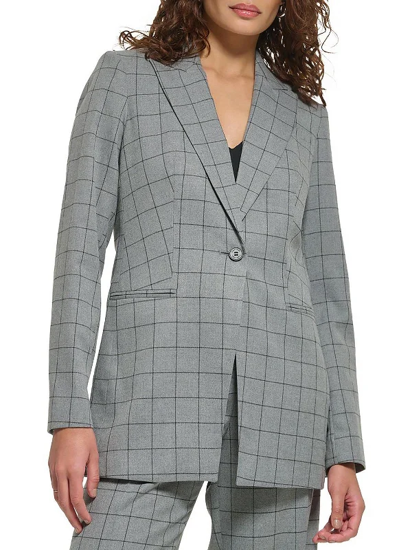 Womens Woven Window Pane One-Button Blazer