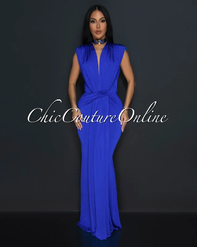 Alea Royal Blue Sleeveless Deep V Neck Maxi Dress