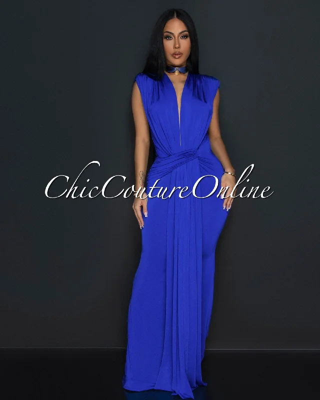 Alea Royal Blue Sleeveless Deep V Neck Maxi Dress