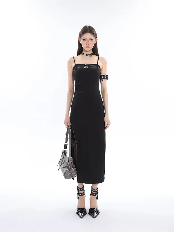 Azelia Solid Color Black Chest Belt Strap Spaghetti Straps Square Neck Bandeau Side Slit Long Summer Dress