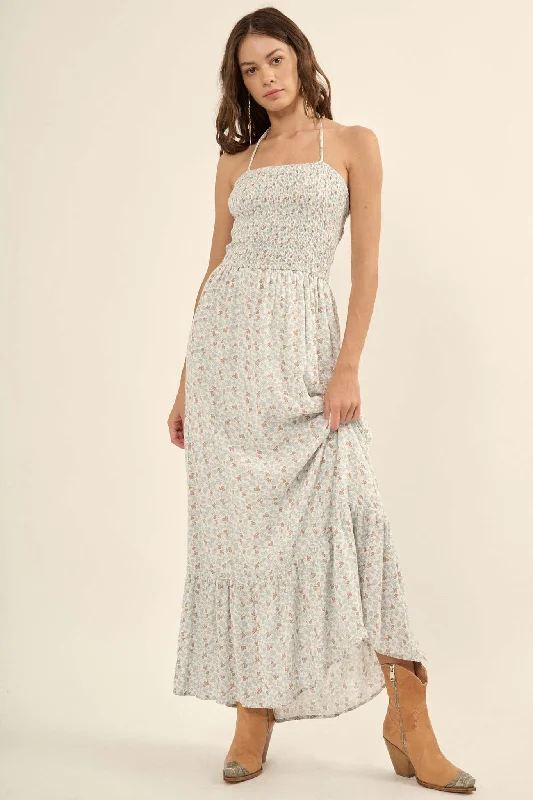 Blooming Fields Floral Open-Back Halter Maxi Dress