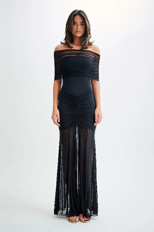 Caspian Slinky And Mesh Off Shoulder Maxi Dress - Black