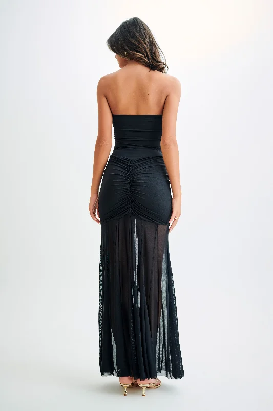 Caspian Slinky And Mesh Off Shoulder Maxi Dress - Black