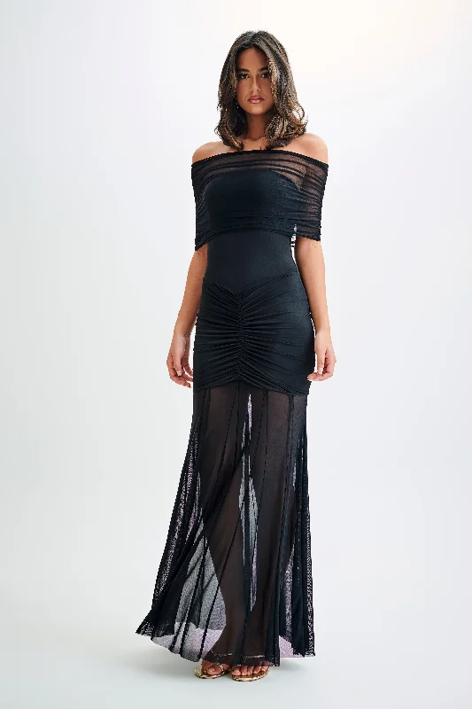 Caspian Slinky And Mesh Off Shoulder Maxi Dress - Black