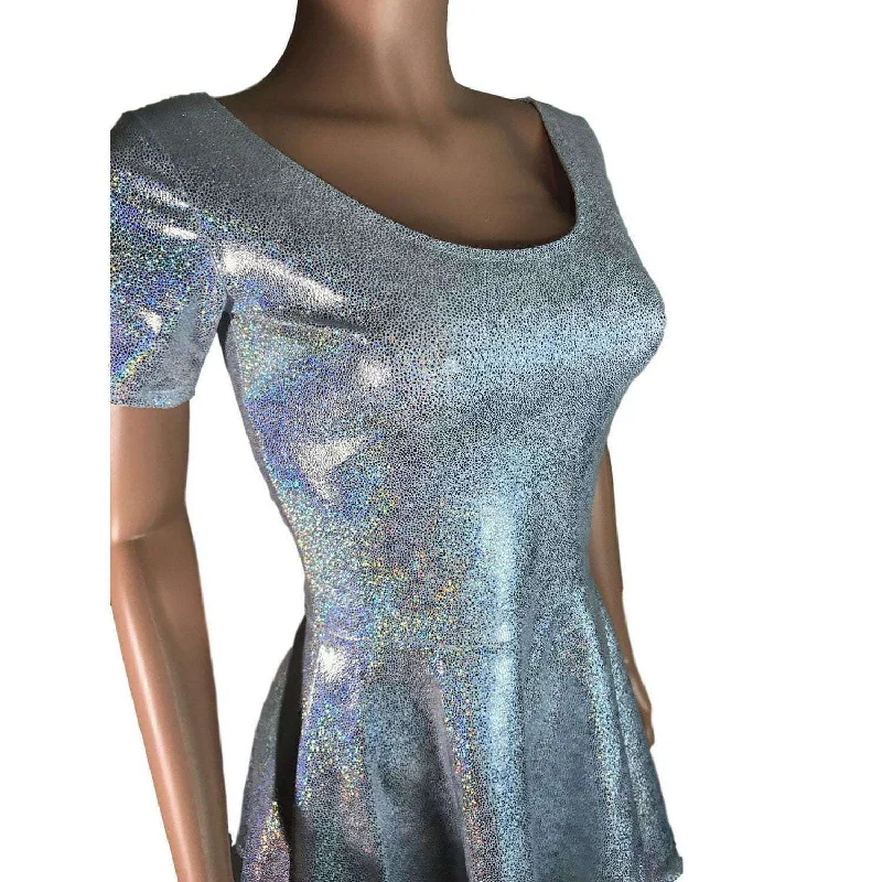 Silver Holographic Short Sleeve Skater fit n flare Dress