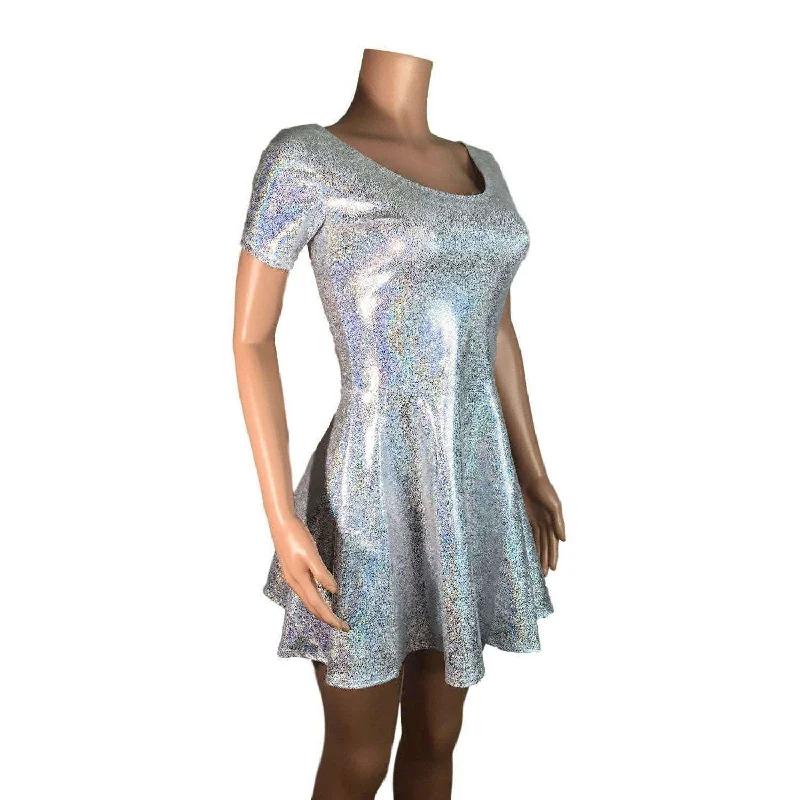 Silver Holographic Short Sleeve Skater fit n flare Dress