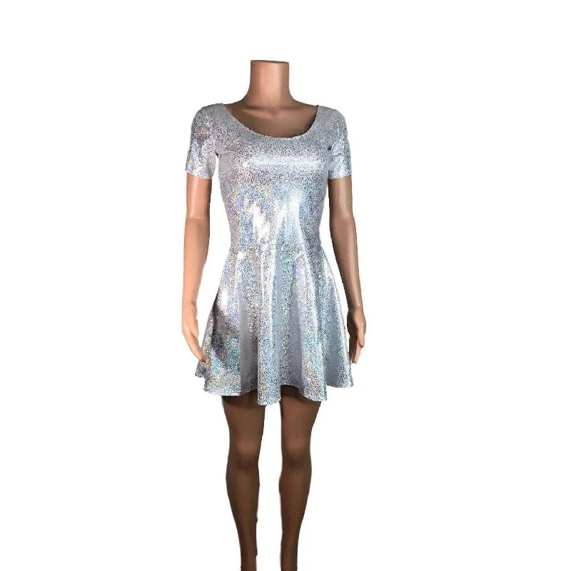 Silver Holographic Short Sleeve Skater fit n flare Dress