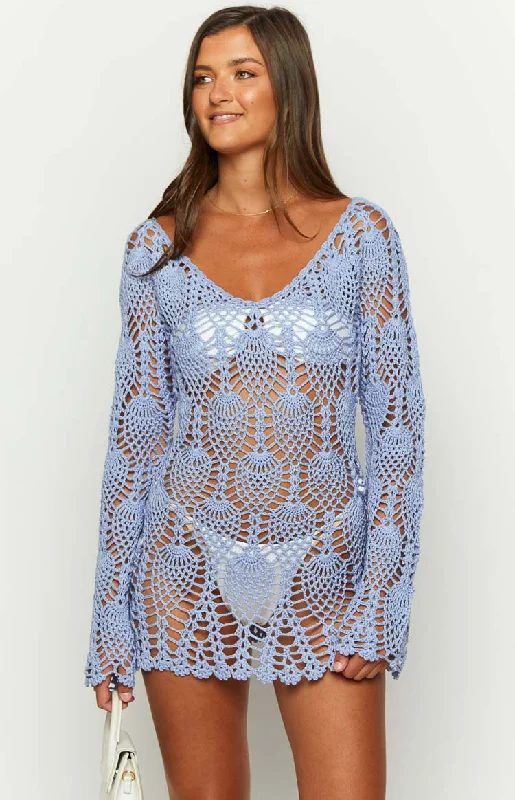 Kippa Blue Crochet Long Sleeve Mini Dress