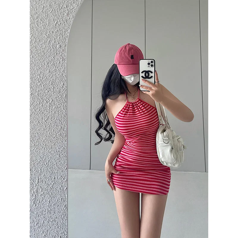 Lamia Striped Halter Neck Sleeveless Slim Pleated Mini Dress