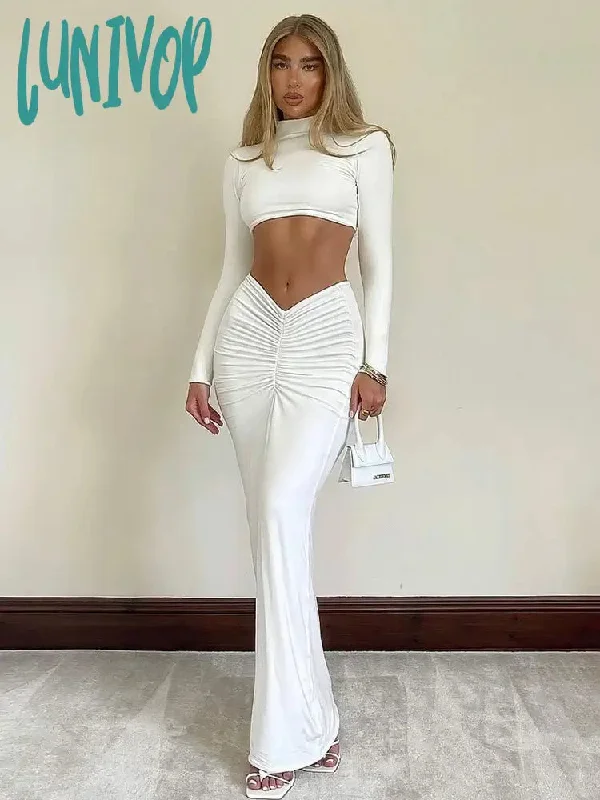 Lunivop Elegant White Long Sleeve 2 Piece Set Outfits for Women Club Party Top and Dress Sets Long Ruched Matching Sets Skirt Sets