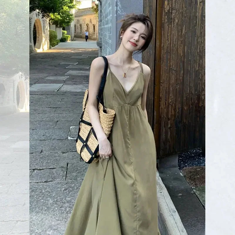 Lunivop French Style Green Suspender Dress for Women Summer Loose Solid V-necl Sleeveless Dresses Female Korea Long Beach Vocation Dress