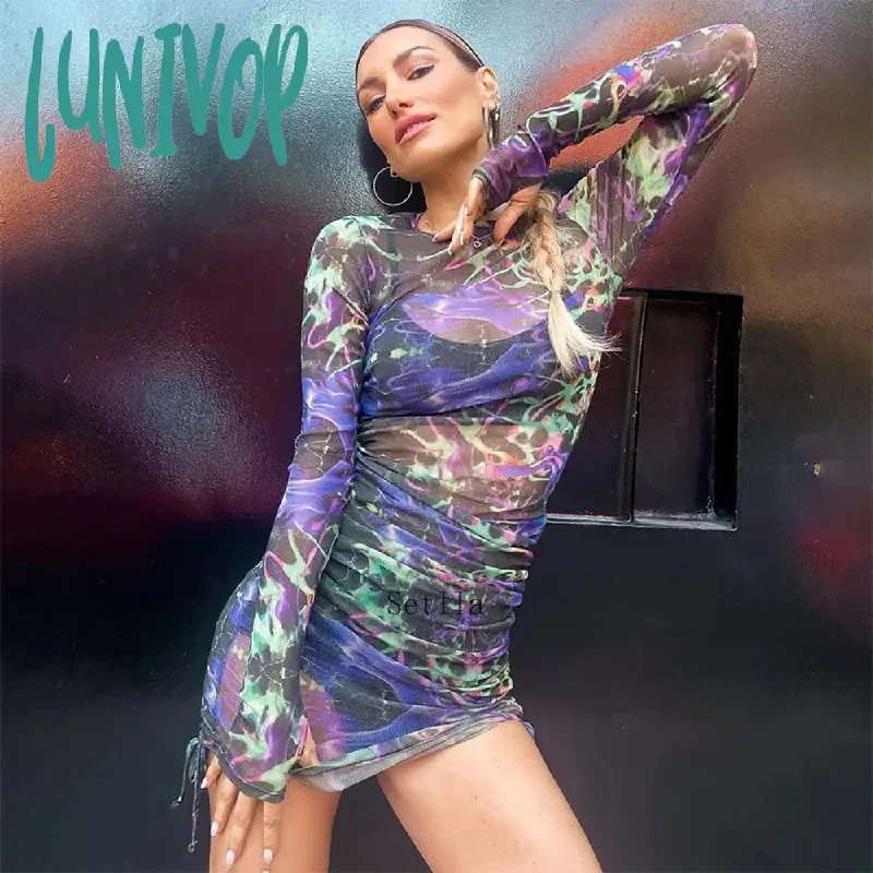 Lunivop Print Mesh Sheer Long Sleeve Mini Bodycon Dress  Club Women Sexy Drawstring Ruched Party Dresses Clubwear Summer Dress