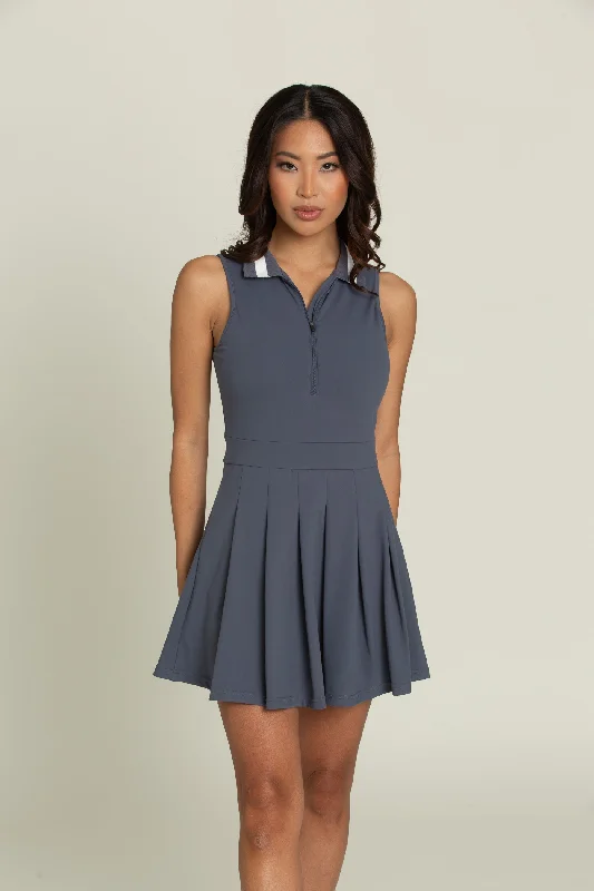 Navy Pleated Lined Collar Tennis Dress