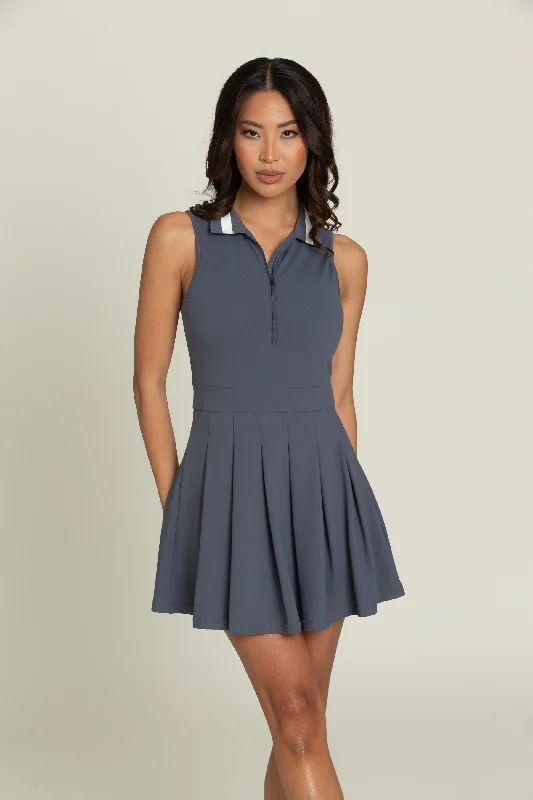 Navy Pleated Lined Collar Tennis Dress