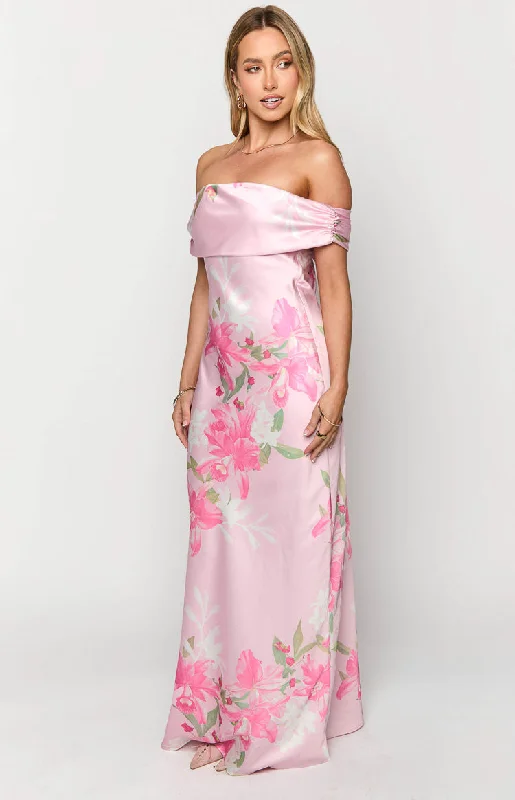 Seraphina Pink Floral Print Off The Shoulder Maxi Dress